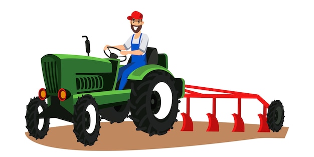 農家はトラクターを耕すイラスト 男耕フィールド 重い農業機械 農地労働者フラット文字を使用してトラクターを運転します 園芸栽培技術 プレミアムベクター