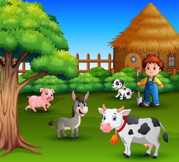 Premium Vector | A farmer at his farm with a bunch of farm animals