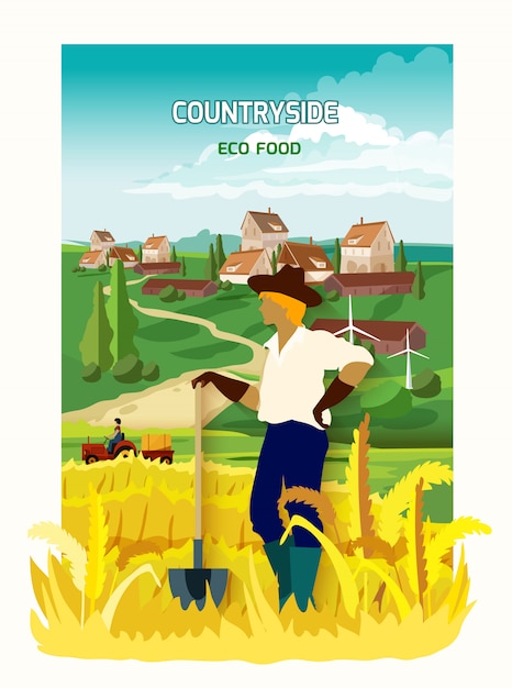 田舎の背景のポスターの農家 無料のベクター