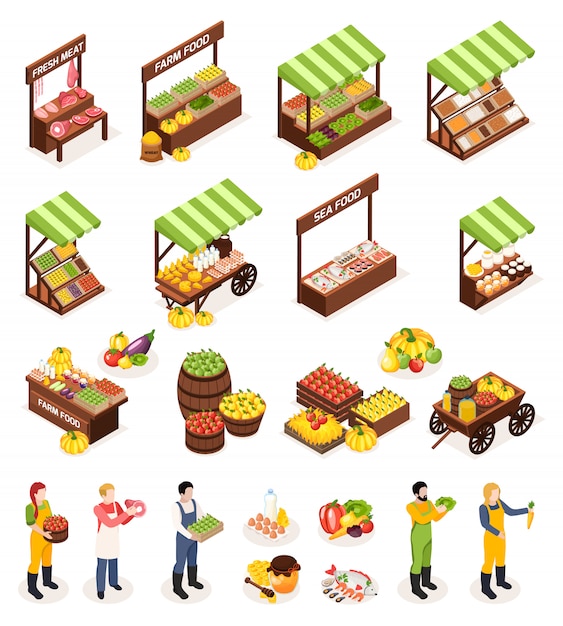 Farmer Market Isometric Icons Set Of Counters Boxes Casks With Fresh ...