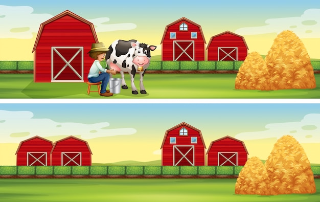 Farmer milking cow in the farm Free Vector