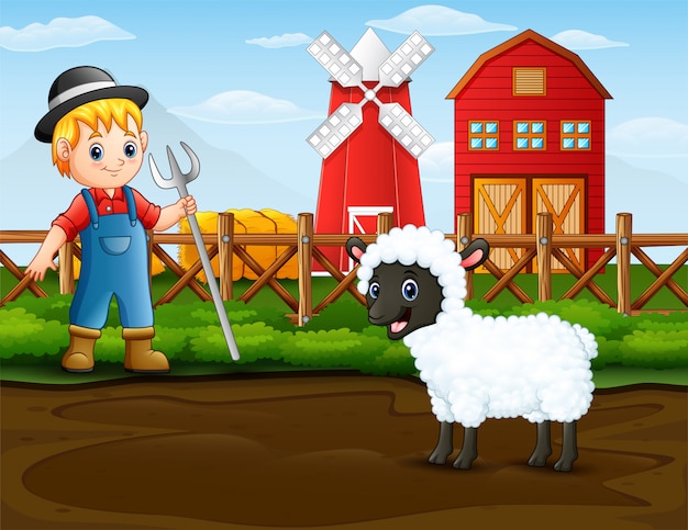 Farmer with a sheep in front of his barn Premium Vector
