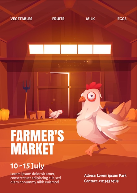 ファーマーズマーケットのポスターと木造の納屋の鶏のイラスト 無料のベクター