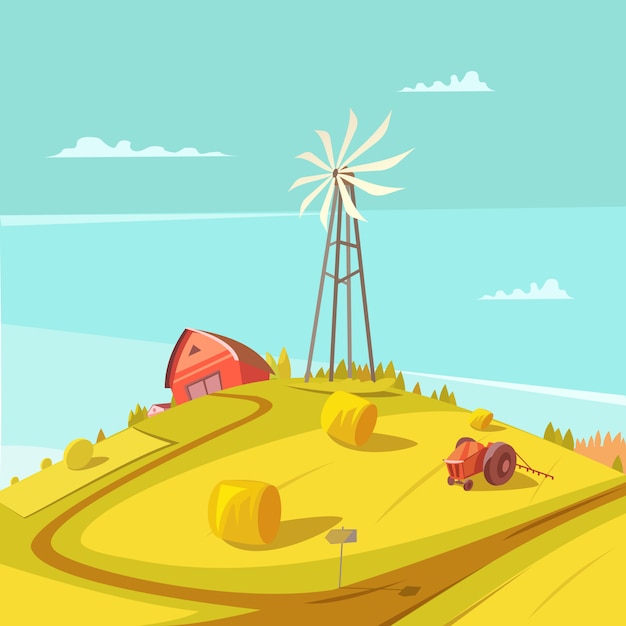 農業と農業の背景風車トラクターハウスと干し草の山のベクトルイラスト 無料のベクター