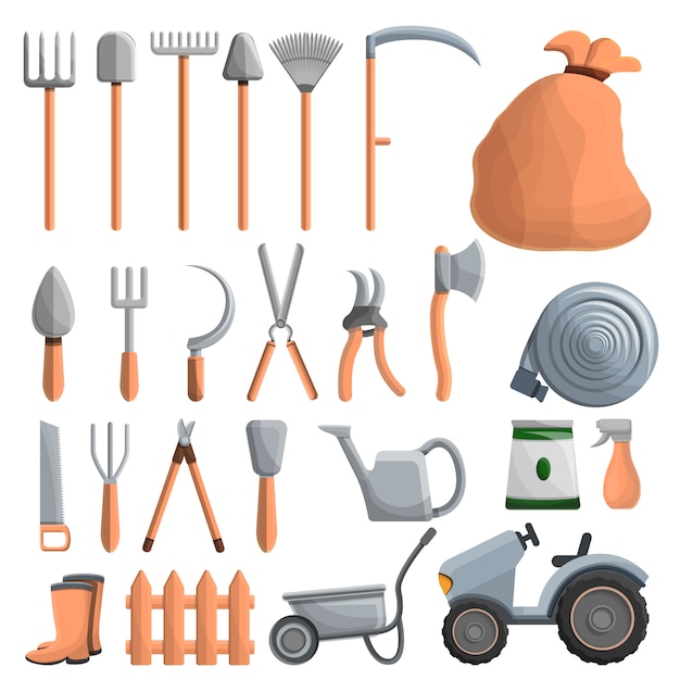 Premium Vector | Farming equipment icon set, cartoon style