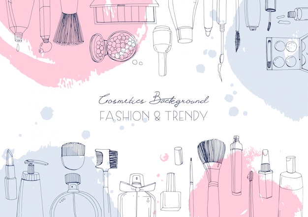 Premium Vector Fashion Cosmetics Horizontal Background With Make Up Artist Objects And Watercolor Spots