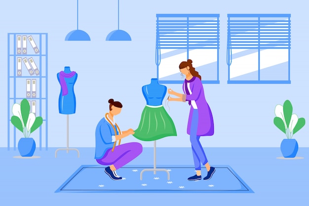 ファッションersアトリエカラーイラスト ワークショップでドレスを製作 青色の背景にテーラースタジオの漫画のキャラクターの服のデザインと縫製 プレミアムベクター