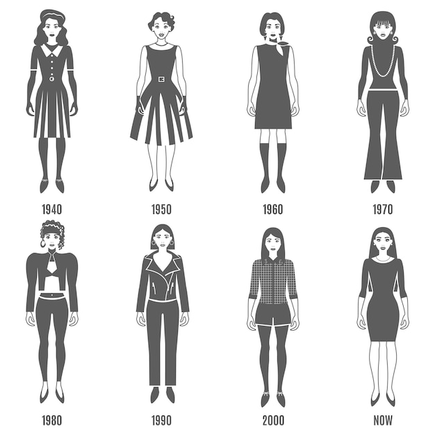 Fashion evolution black character set Free Vector