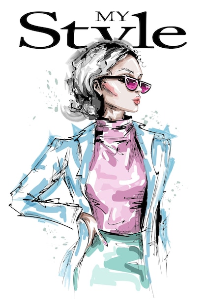 Fashion girl in sunglasses illustration Premium Vector