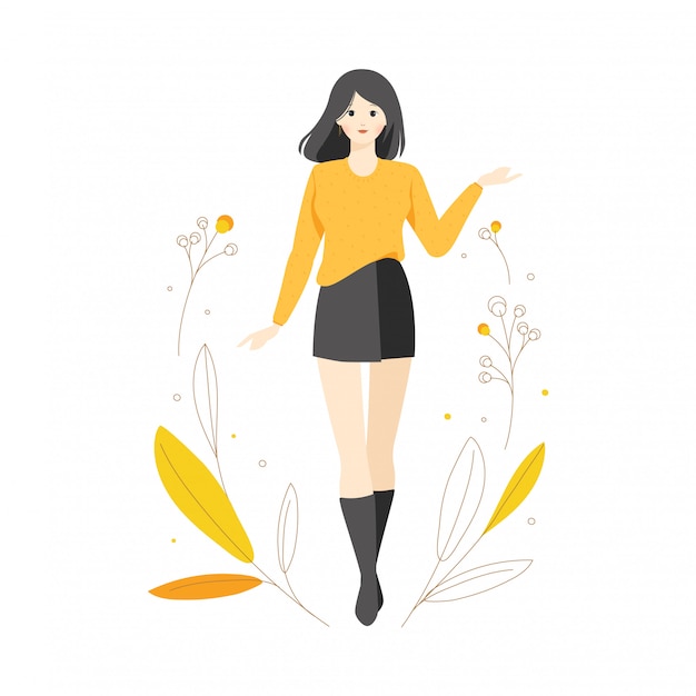 ファッションモデルキャラクタースタイルポーズ花植物イラスト身に着けているシンプルセータービンテージ韓国風 プレミアムベクター