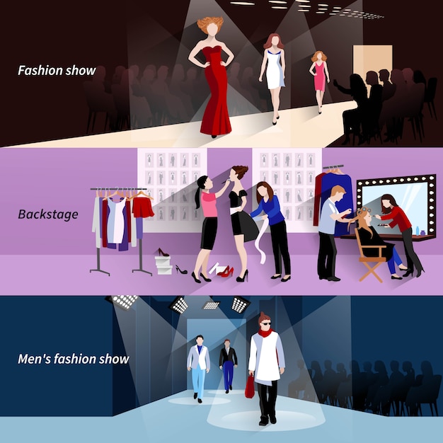Fashion model horizontal banner set with flat show backstage elements Free Vector