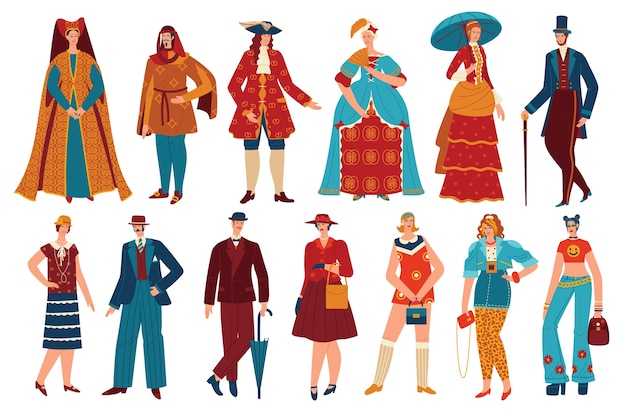 歴史のファッションの人々ヴィンテージ衣装ベクトルイラストセット 漫画フラットファッショナブルな服スタイル進化コレクション プレミアムベクター