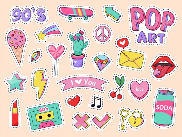 Fashion pop art patch stickers. girls cartoon cute badges, doodle teenage patches with lipstick, cute food and 90s elements, retro sticker pack  illustration icons with music cassette, lollipop Premium Vector