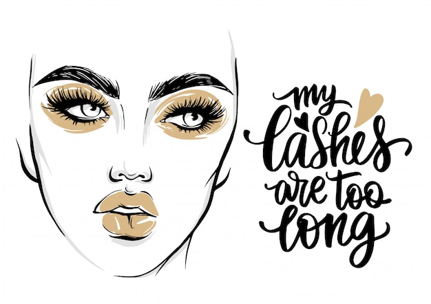 Fashion poster with lashes quote and woman portrait with golden makeup. Premium Vector