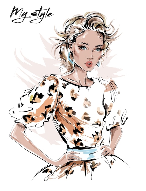Fashion woman in dress with leopard print. Premium Vector