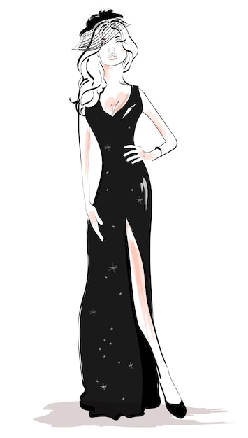 黒のドレスのイラストでファッションの女性 プレミアムベクター
