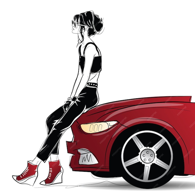 Premium Vector | Fashion woman in sketch style near the red car.