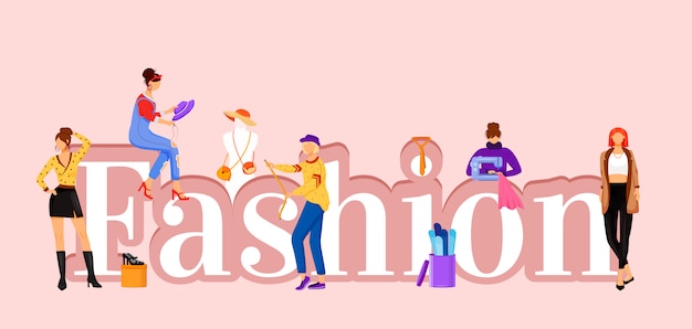 ファッション単語概念色バナー キャットウォークモデルとersアシスタント 小さな漫画のキャラクターとタイポグラフィ ピンクの服のクリエイティブイラストの デザイン プレミアムベクター