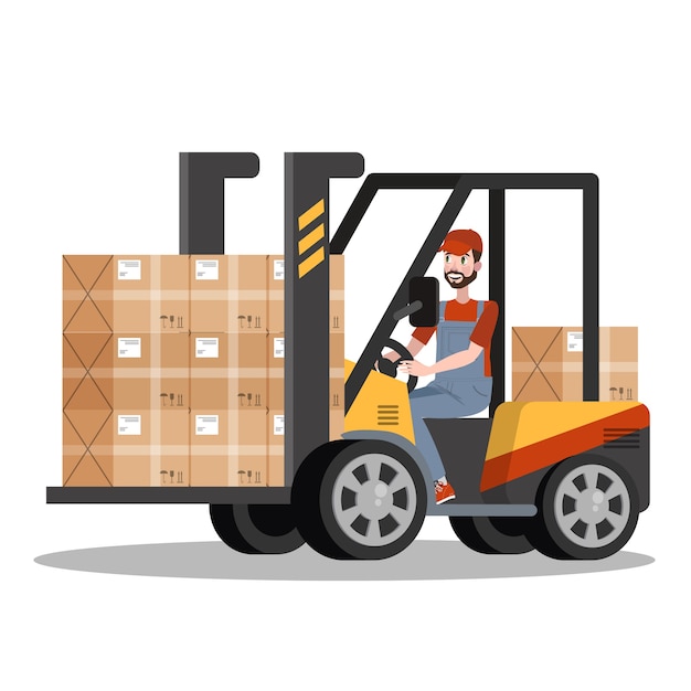 Premium Vector Fast Delivery Service Courier In Uniform In A Forklift With Box Logistic Concept Illustration In Cartoon Style