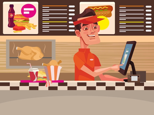 Premium Vector | Fast food cafe. happy smiling cashier man character ...