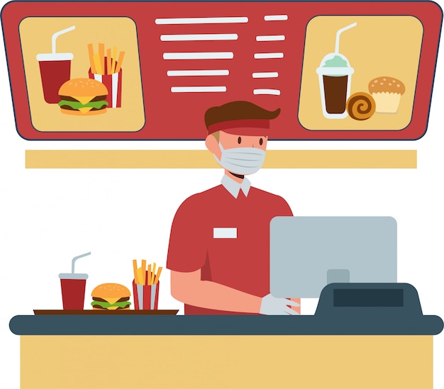 Premium Vector | Fast food cashier keep using medical mask while ...