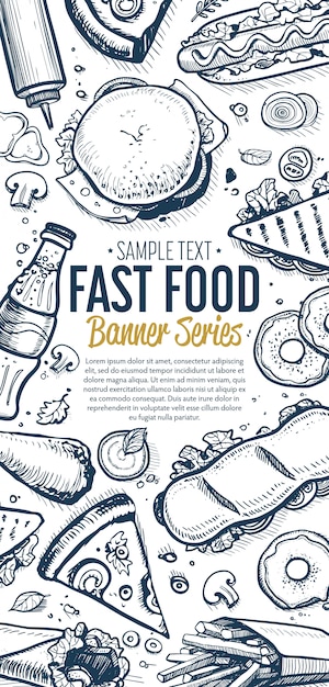 Fast food doodles vertical banner menu Premium Vector