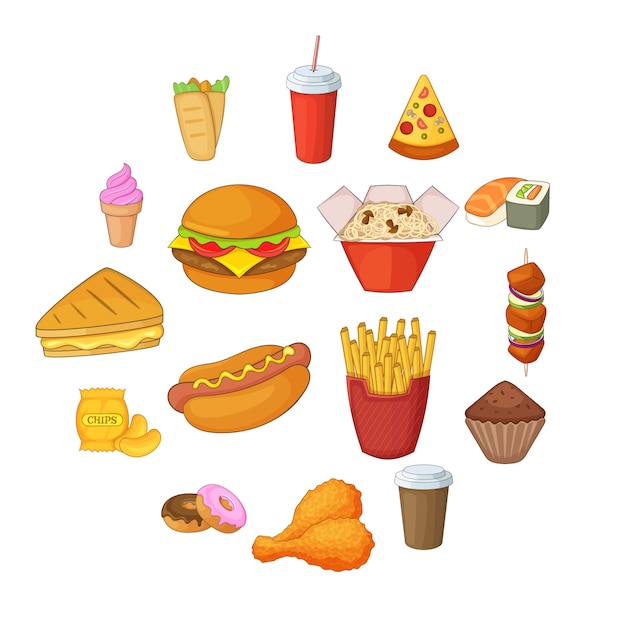 Fast food icons set, cartoon style Vector | Premium Download