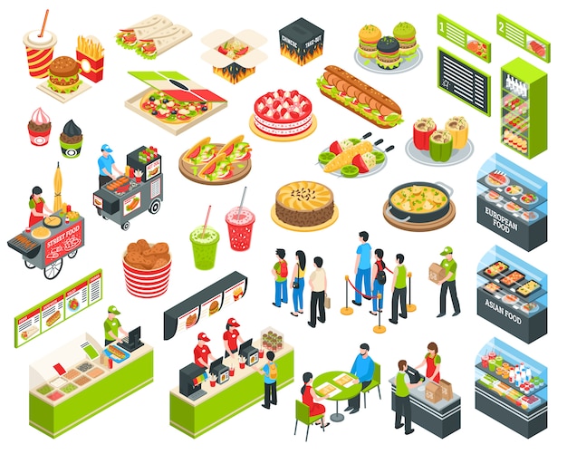 Free Vector Fast Food Isometric Cort Set