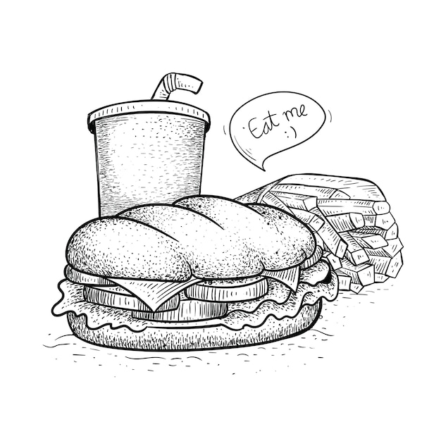 ファーストフードサンドイッチパック 手描き風サンドイッチイラスト プレミアムベクター
