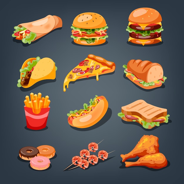 Fast food set. collection of tasty snack. pizza and burger Premium Vector