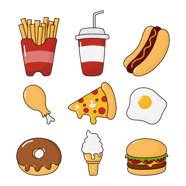 Premium Vector | Fast food snacks icons set. drinks and dessert ...