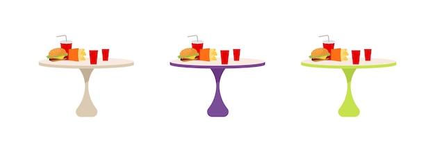 Fast Food Tables Flat Color Objects Set, Round Table Lunch Hours