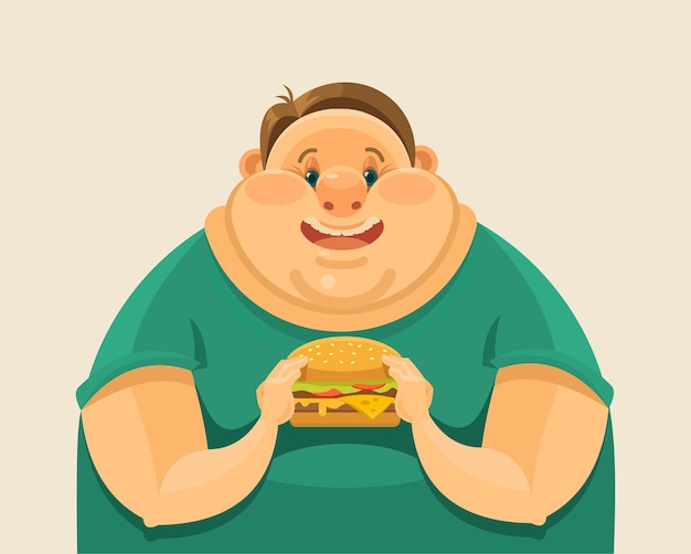大きなハンバーガーを食べる太った男 ベクトルフラットイラスト プレミアムベクター