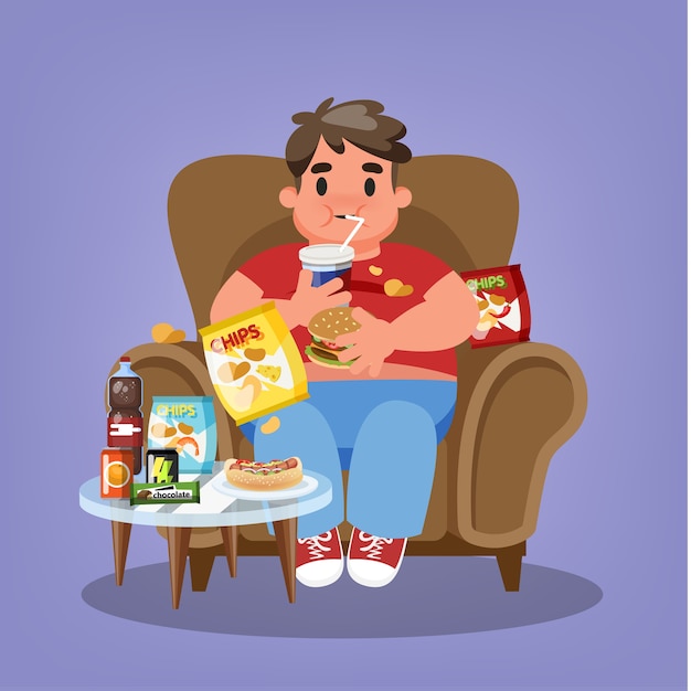 Premium Vector | Fat man sitting in the armchair and eating fast food