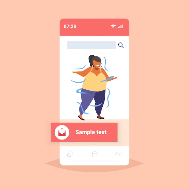 太った肥満の女性が踊る女性のアフリカ系アメリカ人の太りすぎの女の子のダンサーが楽しんで肥満減量の概念スマートフォンの画面オンラインモバイルアプリ プレミアムベクター