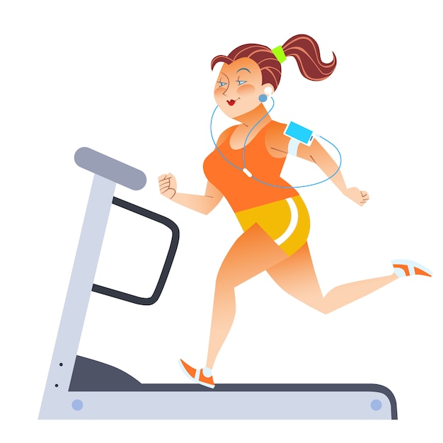 Fat woman on sport stationary treadmill Premium Vector