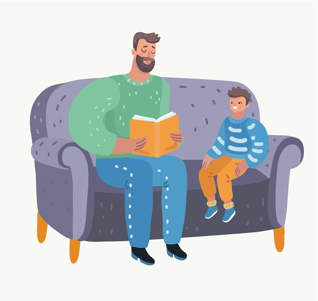 Father and child sitting and reading a book Premium Vector
