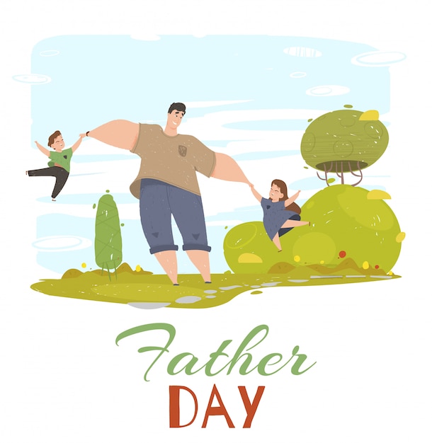 Father day greeting card. dad, daughter and son Premium Vector