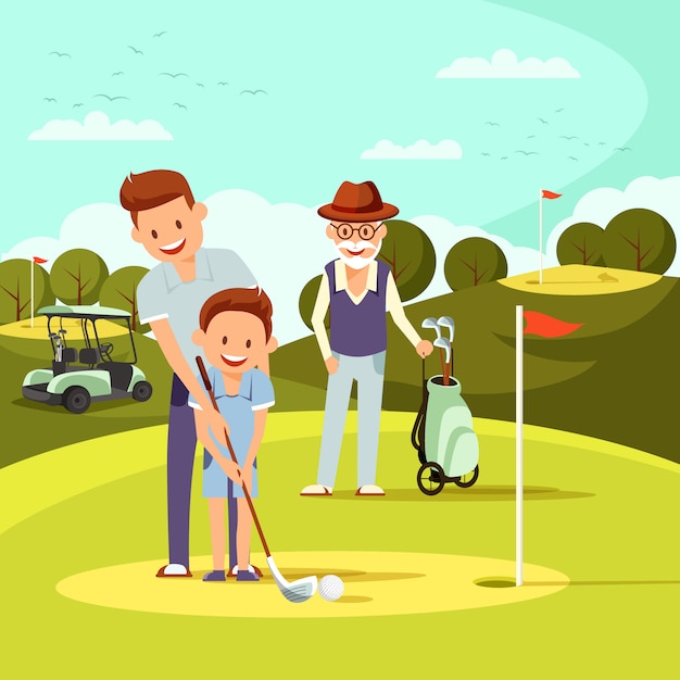 Download Premium Vector Father And Grandpa Teach Little Boy To Play Golf