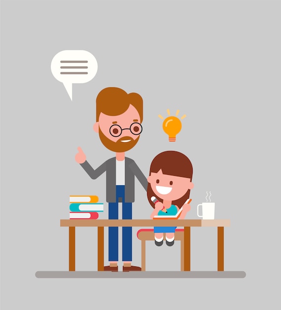 Premium Vector | Father helping her daughter with homework.