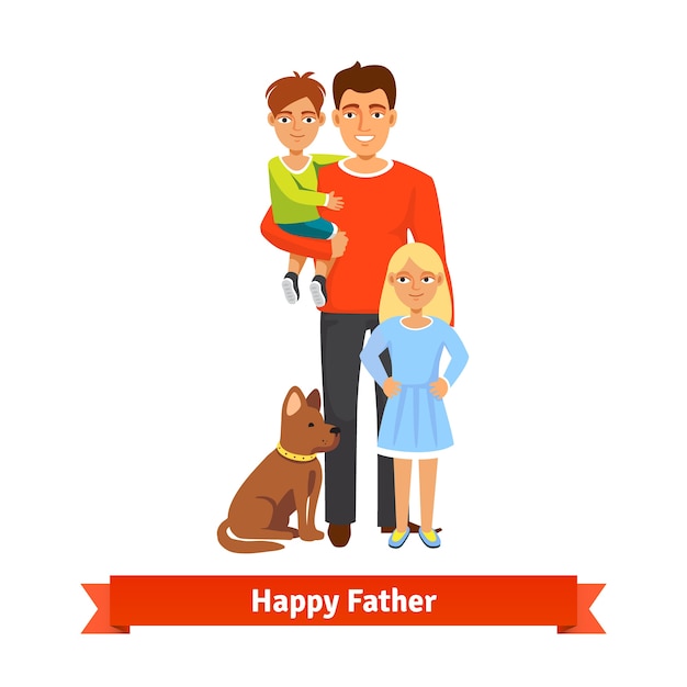 Free Vector | Father holding son, daughter standing, dog siting