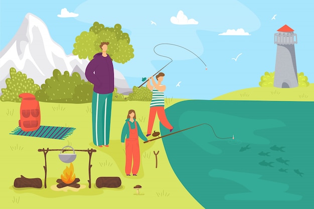 息子キャラクター釣り 家族の趣味レジャーイラストと父親の男 男性の子供 水の湖の近くの釣り竿を持つ幸せな少年少女とお父さん 人の子供と大人のレクリエーション 活動 プレミアムベクター