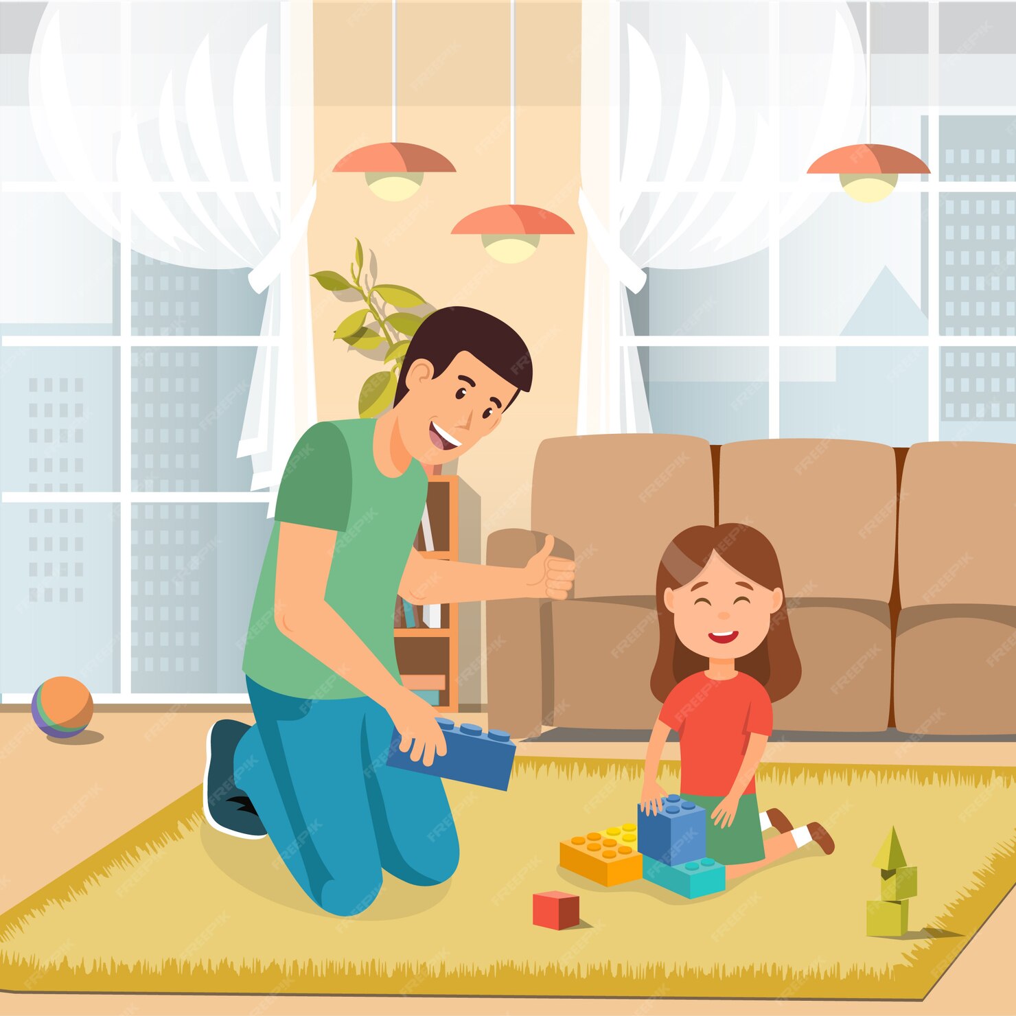 Premium Vector | Father playing toys bricks with daughter at home