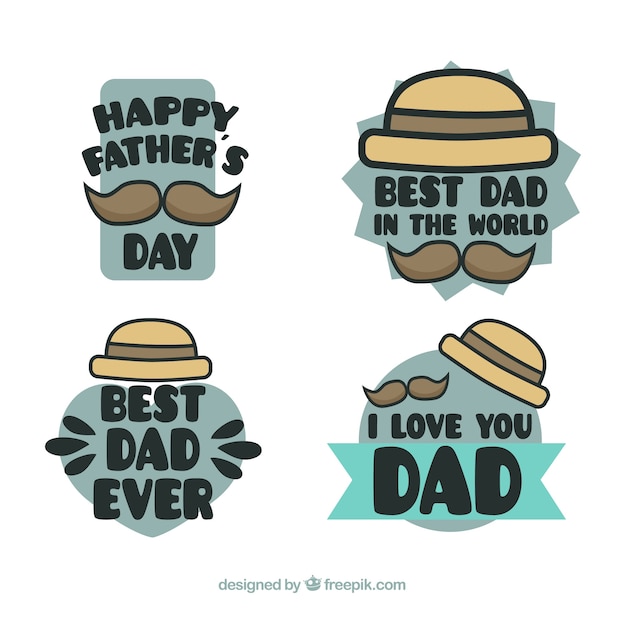 Father\'s day badges collection with hats and\
moustaches