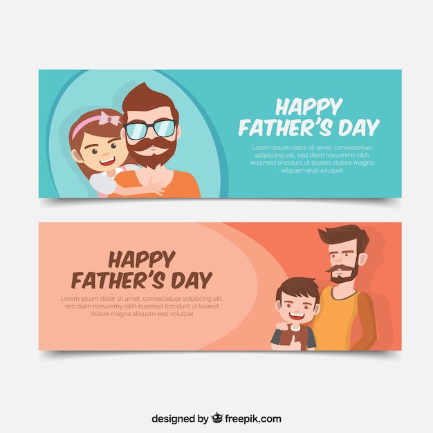 Father\'s day banners of man with his son and\
daughter