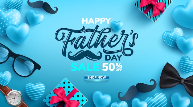 Father's day sale poster with flatlay of glasses,necktie,watch and gifts for dad Premium Vector