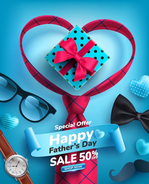 Father's day sale poster with heart shape and necktie on blue Premium