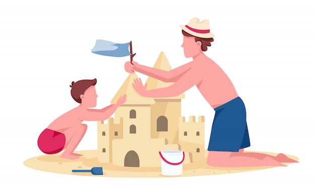 Download Premium Vector | Father and son building sandcastle flat ...