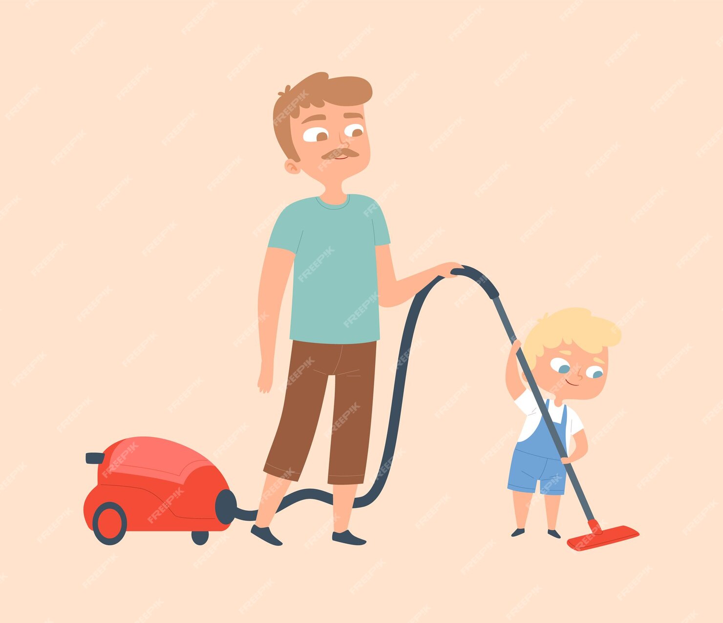 Premium Vector | Father and son vacuuming. householding, apartment ...