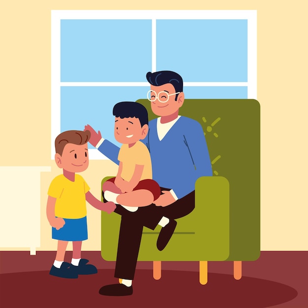 Premium Vector | Father with kids in the home